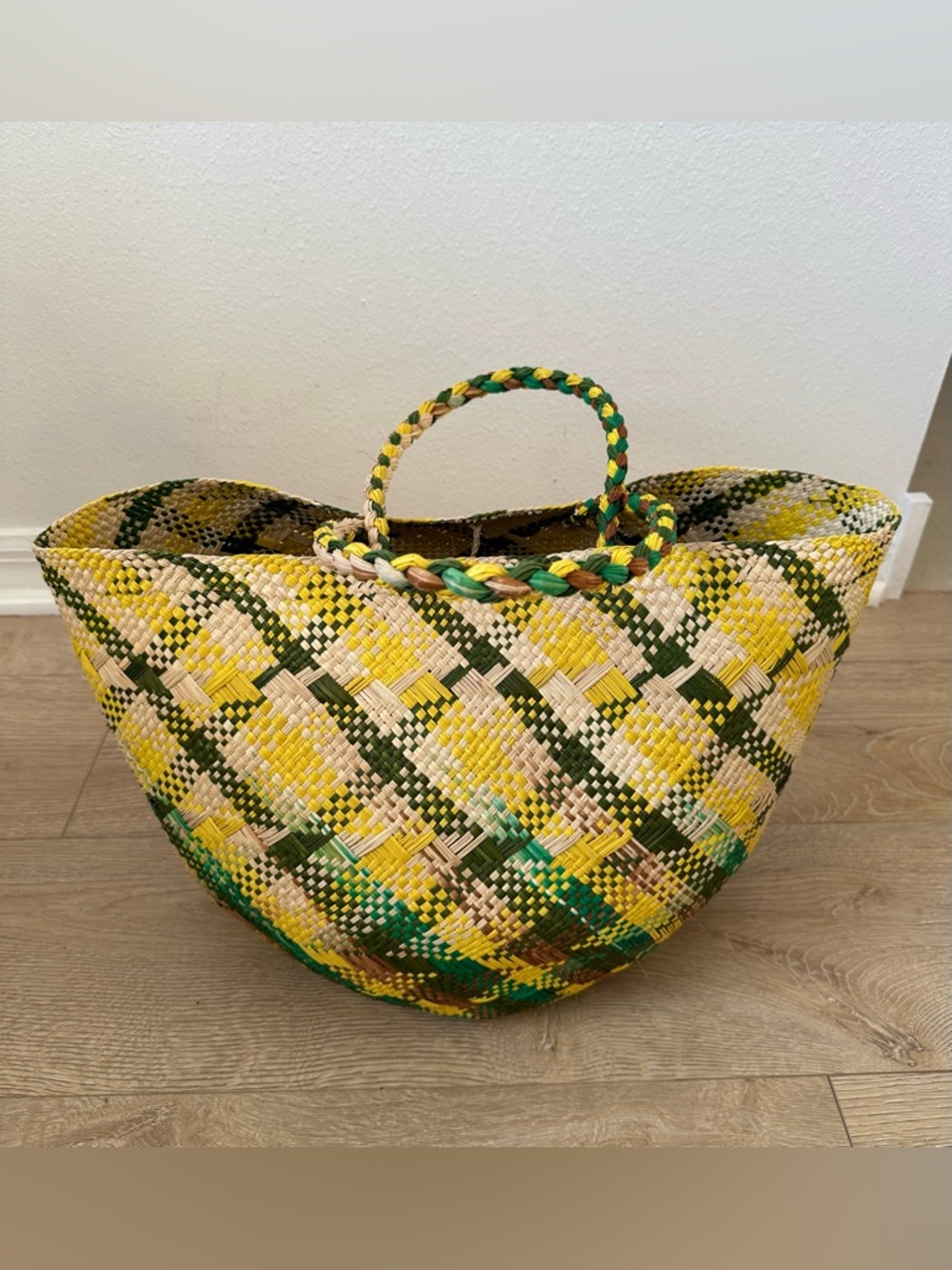 Handwoven Yellow & Green Check Straw Tote, Basket Bag, Market, Farmersmarket